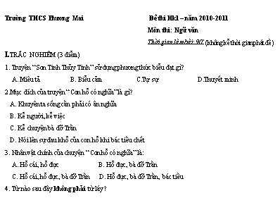 Đề thi học kì 1 Năm 2010 - 2011 môn thi Ngữ văn - Trường THCS Phương Mai